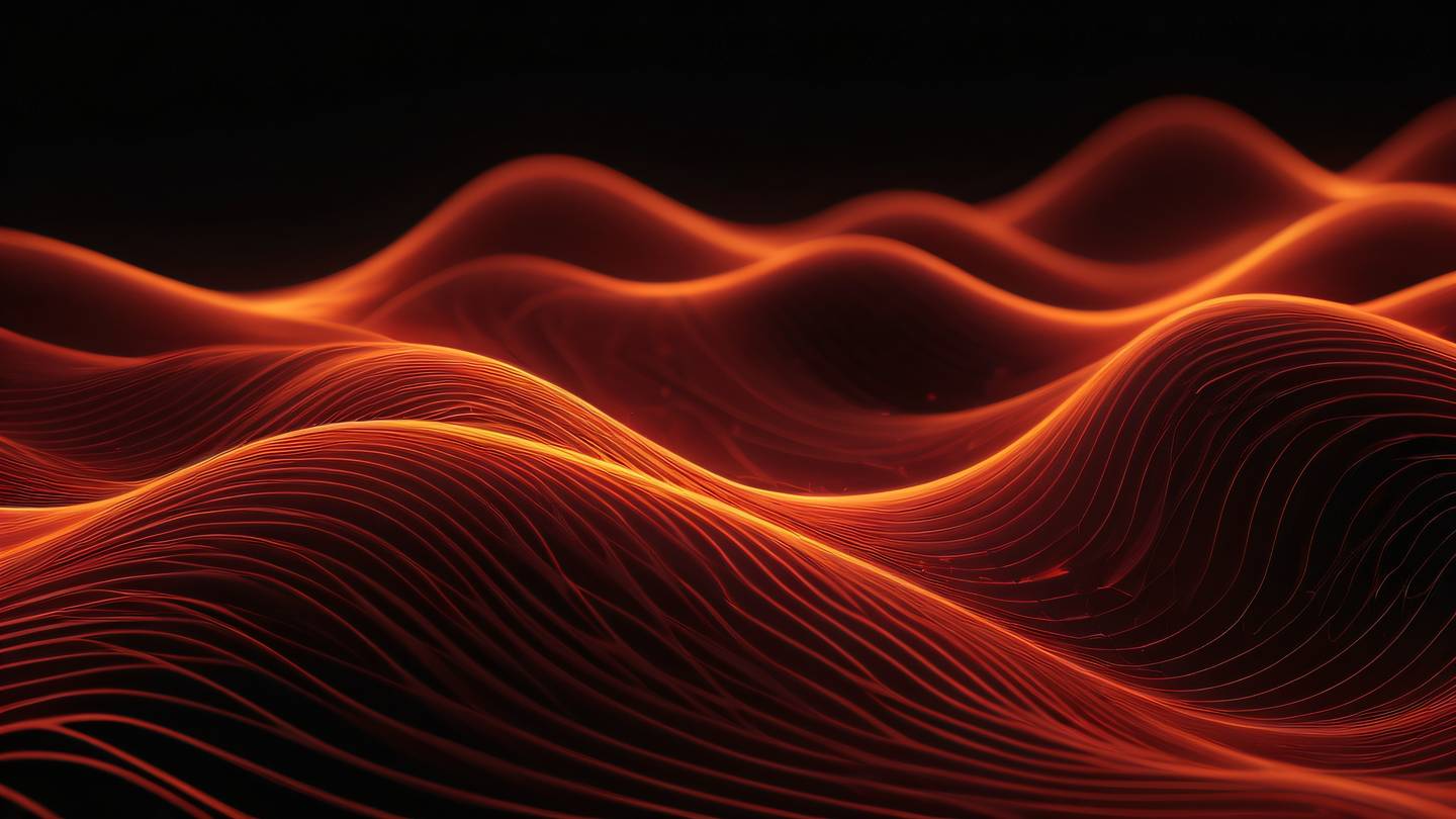 Abstract geometric patterns representing data transmission flowing bold orange and blood red waves against a dark background intersecting lines and curves suggesting digital communication shot from front perspective high-quality ultra-realistic cinematic 8K UHD high resolution sharp and detail