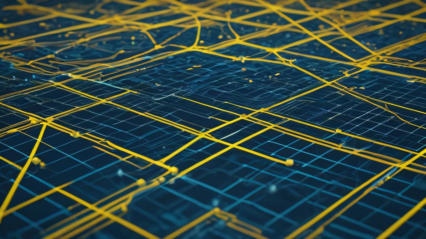Abstract geometric patterns in minimal yellow and blue colors showcasing interconnected nodes and paths captured from a bird's eye view representing data flow and error tracking high-quality ultra-realistic cinematic 8K UHD high resolution sharp and detail
