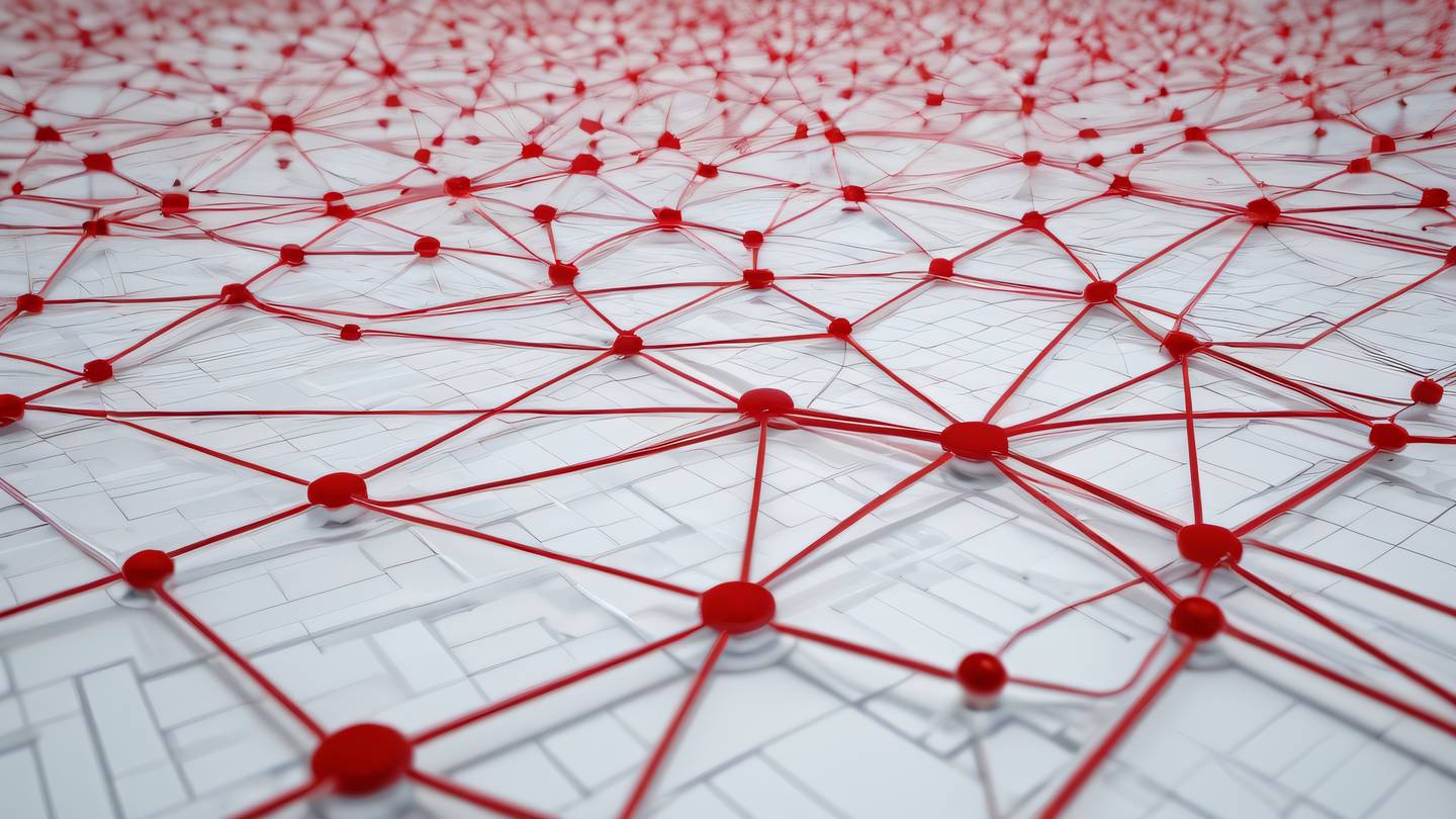 Aerial view of white and red abstract patterns forming a network-like structure with flowing lines and connections spreading across the frame representing error monitoring systems high-quality ultra-realistic cinematic 8K UHD high resolution sharp and detail