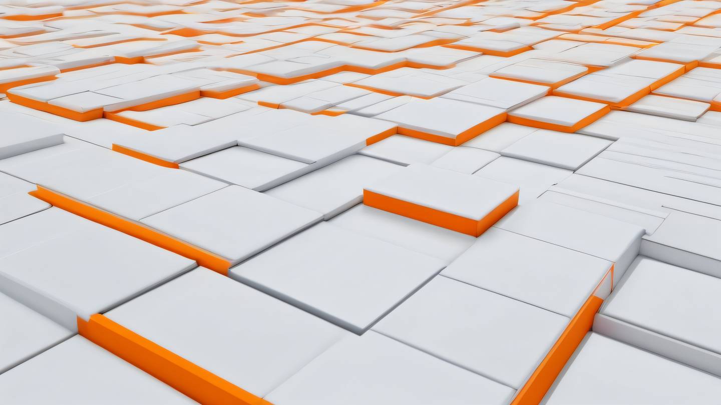 A minimalist composition of interweaving white and orange patterns viewed from a low angle creating an abstract representation of data flow and system stability with clean lines and geometric shapes high-quality ultra-realistic cinematic 8K UHD high resolution sharp and detail