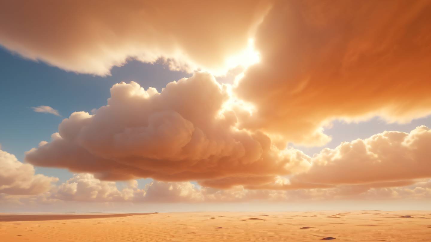 Abstract smooth floating clouds in bright orange and sand tones with gentle light rays piercing through creating a ethereal atmosphere. Captured from low angle perspective high-quality ultra-realistic cinematic 8K UHD high resolution sharp and detail