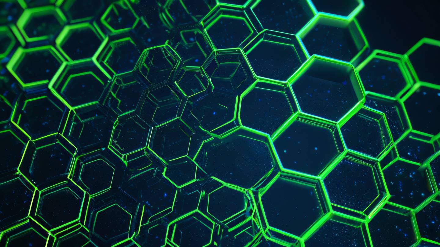 An abstract geometric shield made of interconnected hexagons and flowing lines with gradient colors of sapphire blue and fluorescent green shot from a straight-on perspective high-quality ultra-realistic cinematic 8K UHD high resolution sharp and detail