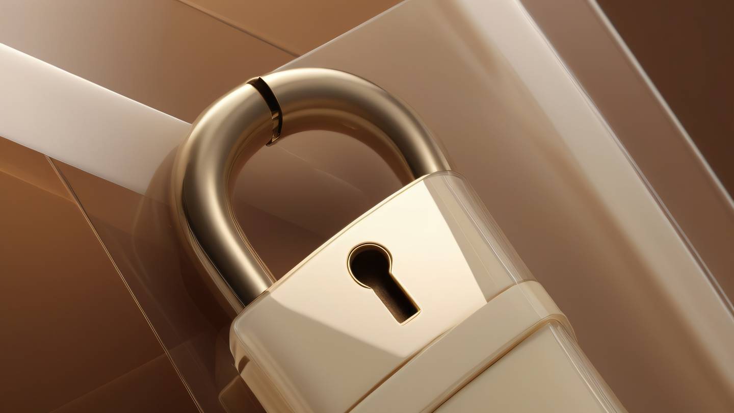 A minimalist composition of overlapping translucent layers forming a secure lock shape featuring contemporary brown and cream tones photographed from a 45-degree angle high-quality ultra-realistic cinematic 8K UHD high resolution sharp and detail