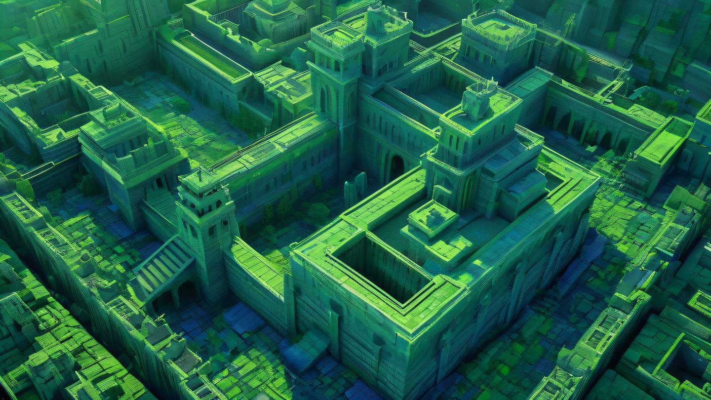 A modern abstract representation of a fortress with geometric shapes and patterns featuring fluorescent green and sapphire blue gradients shot from a bird's eye view high-quality ultra-realistic cinematic 8K UHD high resolution sharp and detail