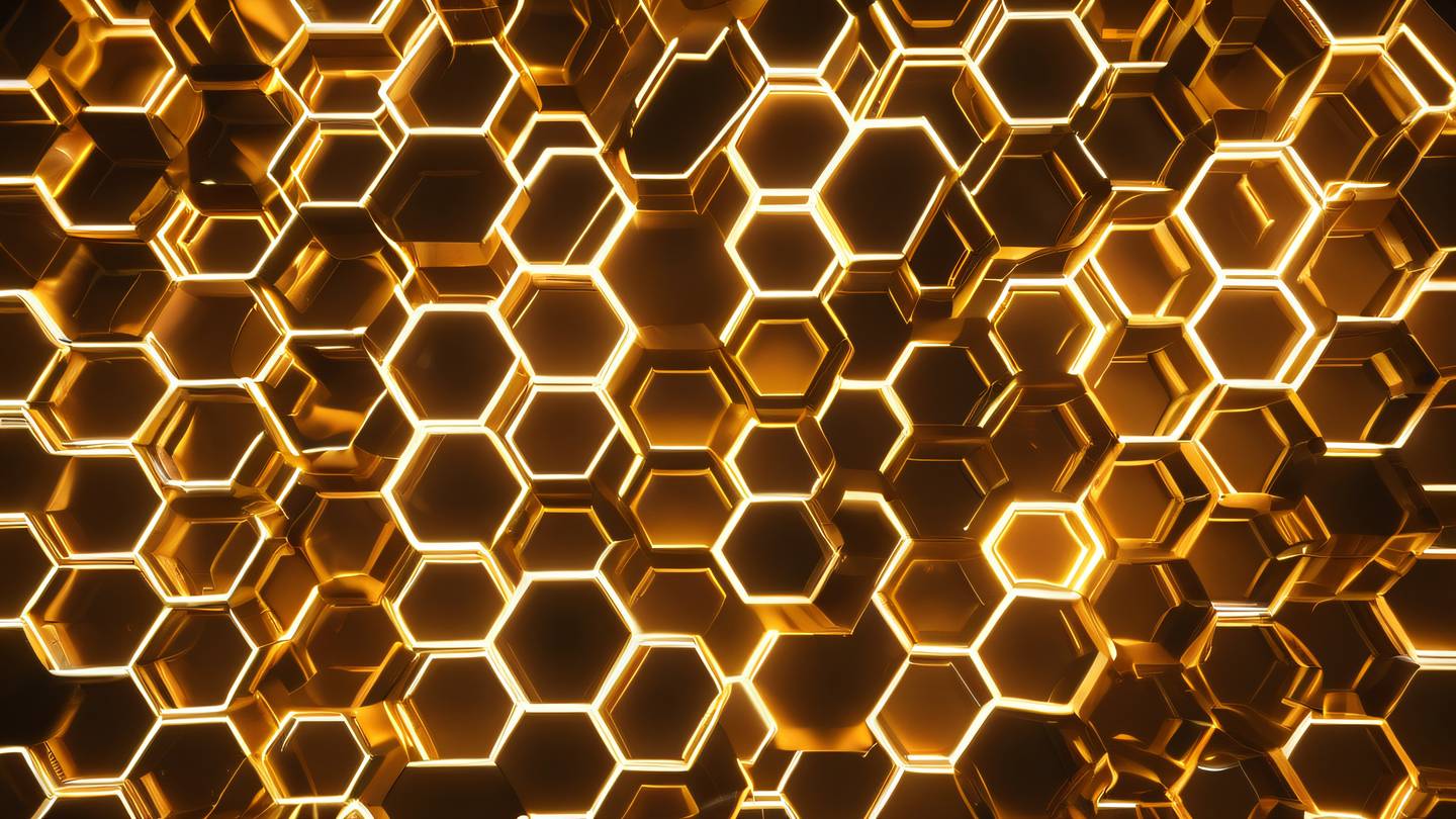 Top-down view of a geometric pattern of interlocking hexagons with flowing light paths between them bright yellow and orange color scheme with white highlights photographed from a bird's eye perspective high-quality ultra-realistic cinematic 8K UHD high resolution sharp and detail