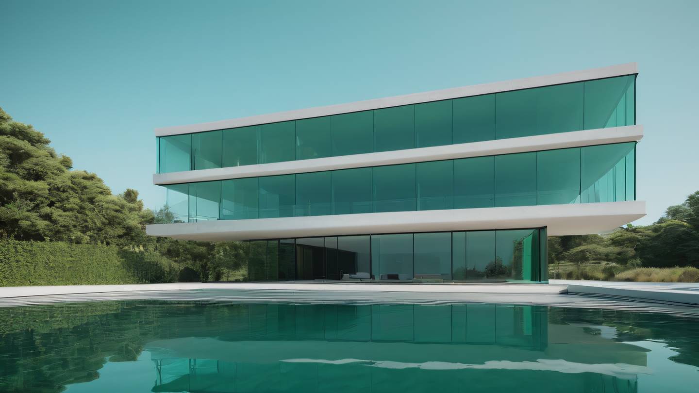 Modern minimalist architecture featuring clean lines and geometric shapes with emerald green and etched glass colors reflecting in still water shot from a low angle perspective high-quality ultra-realistic cinematic 8K UHD high resolution sharp and detail