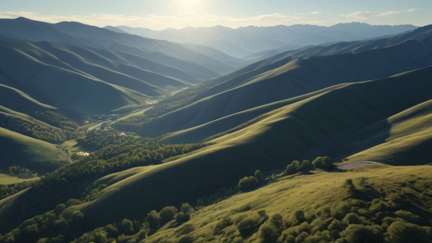 Serene mountain landscape with rolling hills and valleys featuring breezeway blue and sun-washed brick colors in the sky captured from a dramatic aerial perspective high-quality ultra-realistic cinematic 8K UHD high resolution sharp and detail