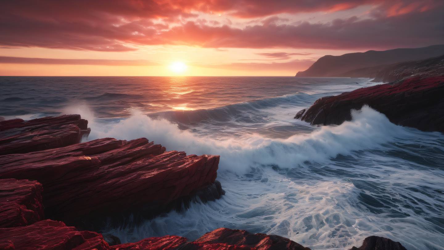 Dramatic seascape with crashing waves and rocky outcrops featuring bold blood red and whisper white colors in the sky during sunset photographed from a sweeping side angle high-quality ultra-realistic cinematic 8K UHD high resolution sharp and detail
