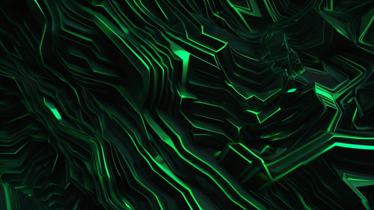 A flowing abstract geometric pattern with smooth transitions between shapes featuring bright green crystalline structures against a deep black background sharp edges and fluid motion high-quality ultra-realistic cinematic 8K UHD high resolution sharp and detail shot from top-down perspective