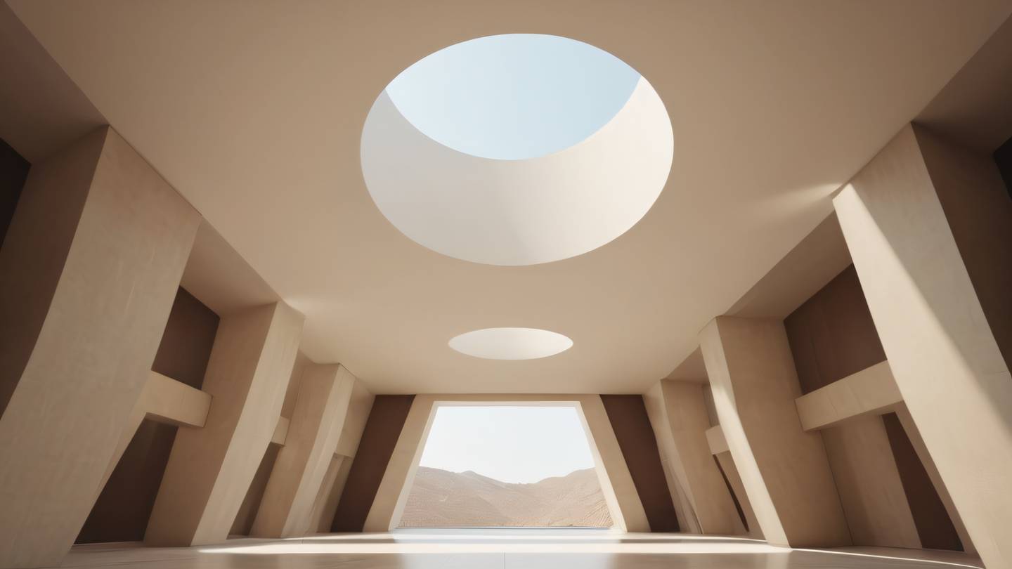 Modern minimalist architectural space with floating geometric elements contemporary brown and cream tones clean lines and subtle shadows emphasis on simplicity and form high-quality ultra-realistic cinematic 8K UHD high resolution sharp and detail shot from a low angle looking up