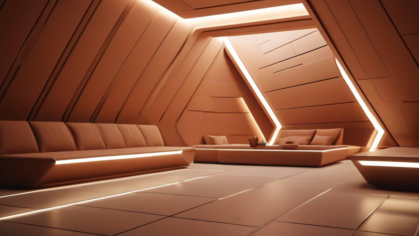 Sleek futuristic interior with floating clay-colored panels and geometric light patterns warm terracotta and earth tones dynamic composition with strong diagonal lines high-quality ultra-realistic cinematic 8K UHD high resolution sharp and detail shot from a diagonal perspective