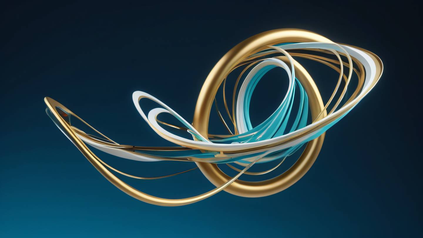 A floating geometric abstract sculpture with flowing lines and curves featuring bright cyan white and gold elements against a deep blue background captured from a low-angle perspective high-quality ultra-realistic cinematic 8K UHD high resolution sharp and detail