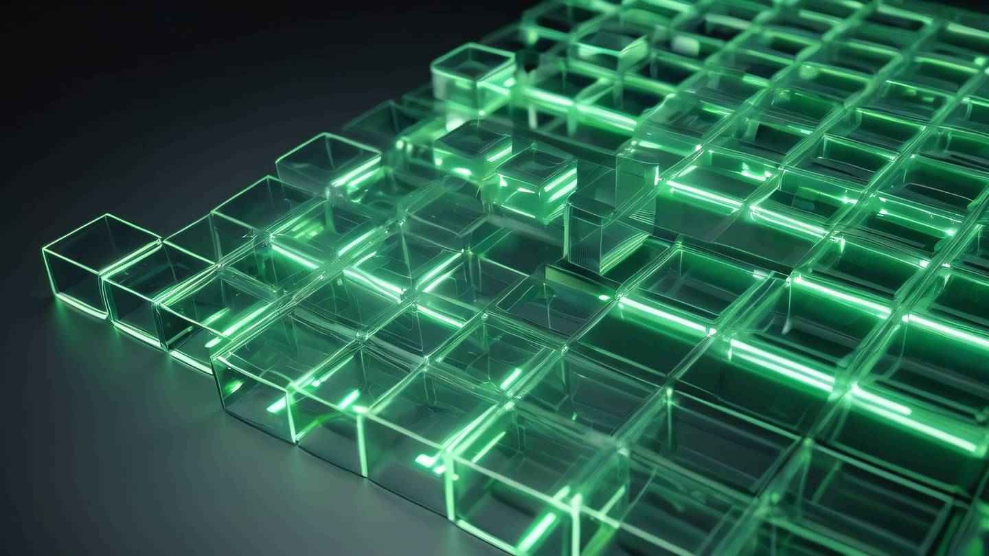 Futuristic sorting mechanism with floating transparent cubes and energy beams colored in off-white and neon green accents. Viewed from a dynamic diagonal angle showing depth and dimension. High-quality ultra-realistic cinematic 8K UHD high resolution sharp and detail
