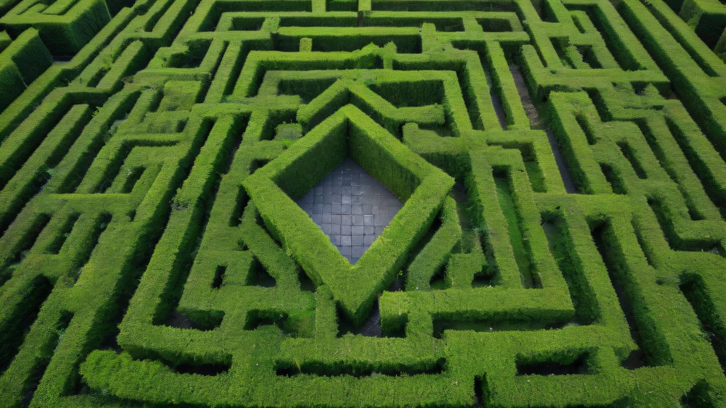 An abstract garden maze viewed from above with interconnected pathways forming geometric patterns. Colors feature bright green hedges against black stone paths. Aerial drone perspective. high-quality ultra-realistic cinematic 8K UHD high resolution sharp and detail