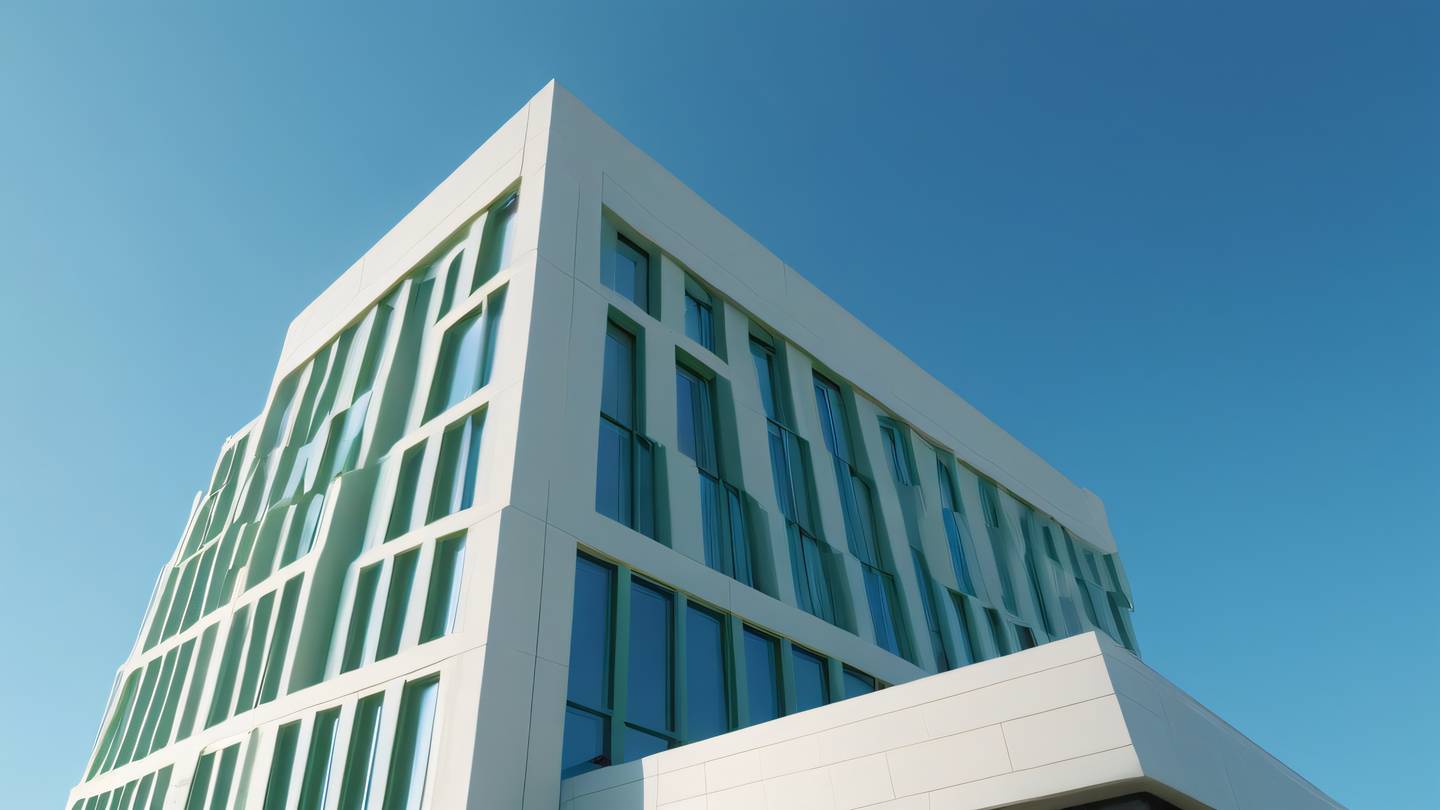 A modern minimalist architectural structure with clean lines and geometric shapes featuring sage green and white elements against a bright blue sky shot from a low angle perspective with dramatic lighting high-quality ultra-realistic cinematic 8K UHD high resolution sharp and detail