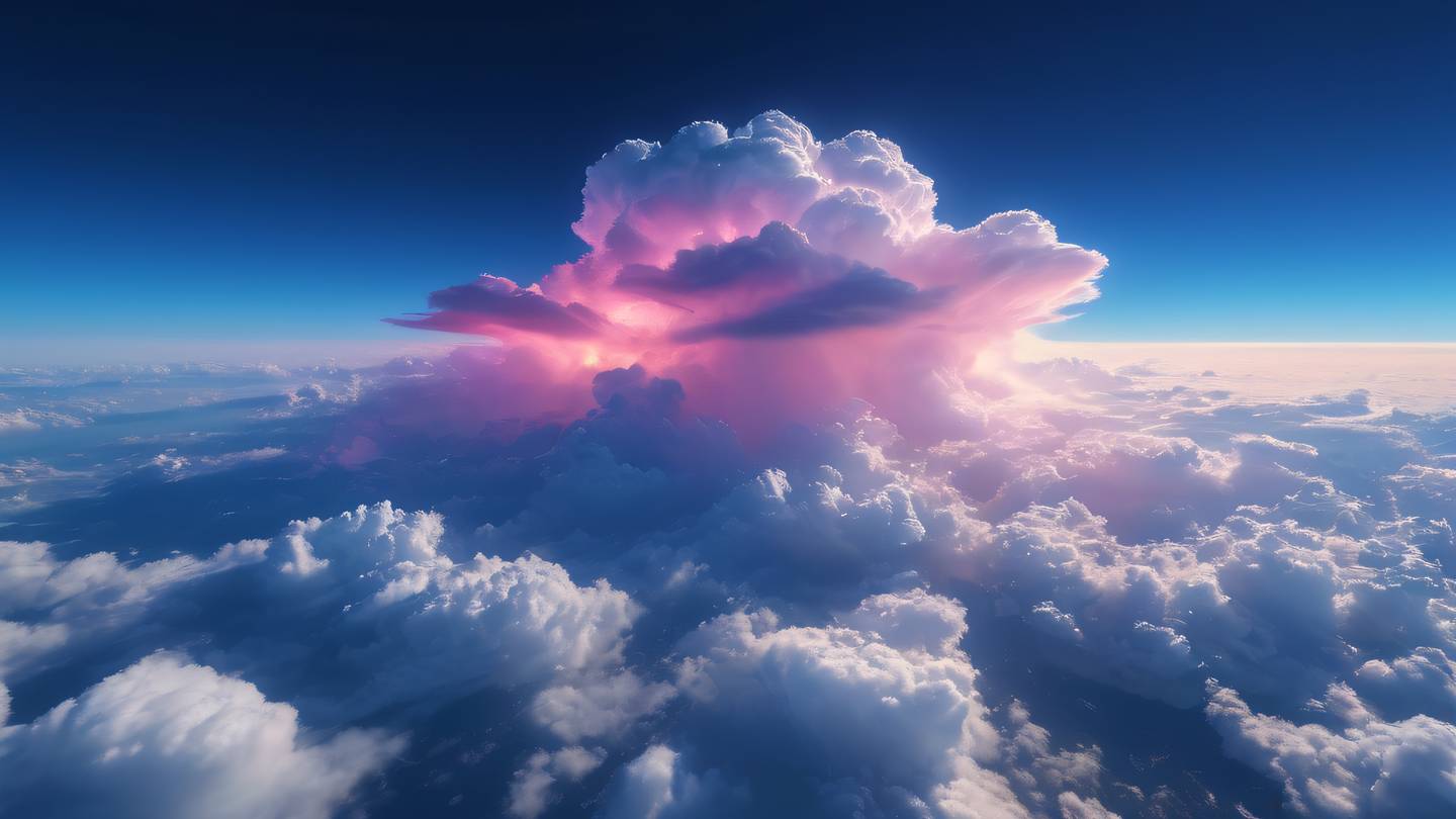 Ethereal cloud formations in bright neon colors against a deep blue sky background with intricate layering and depth captured from a bird's eye view perspective high-quality ultra-realistic cinematic 8K UHD high resolution sharp and detail