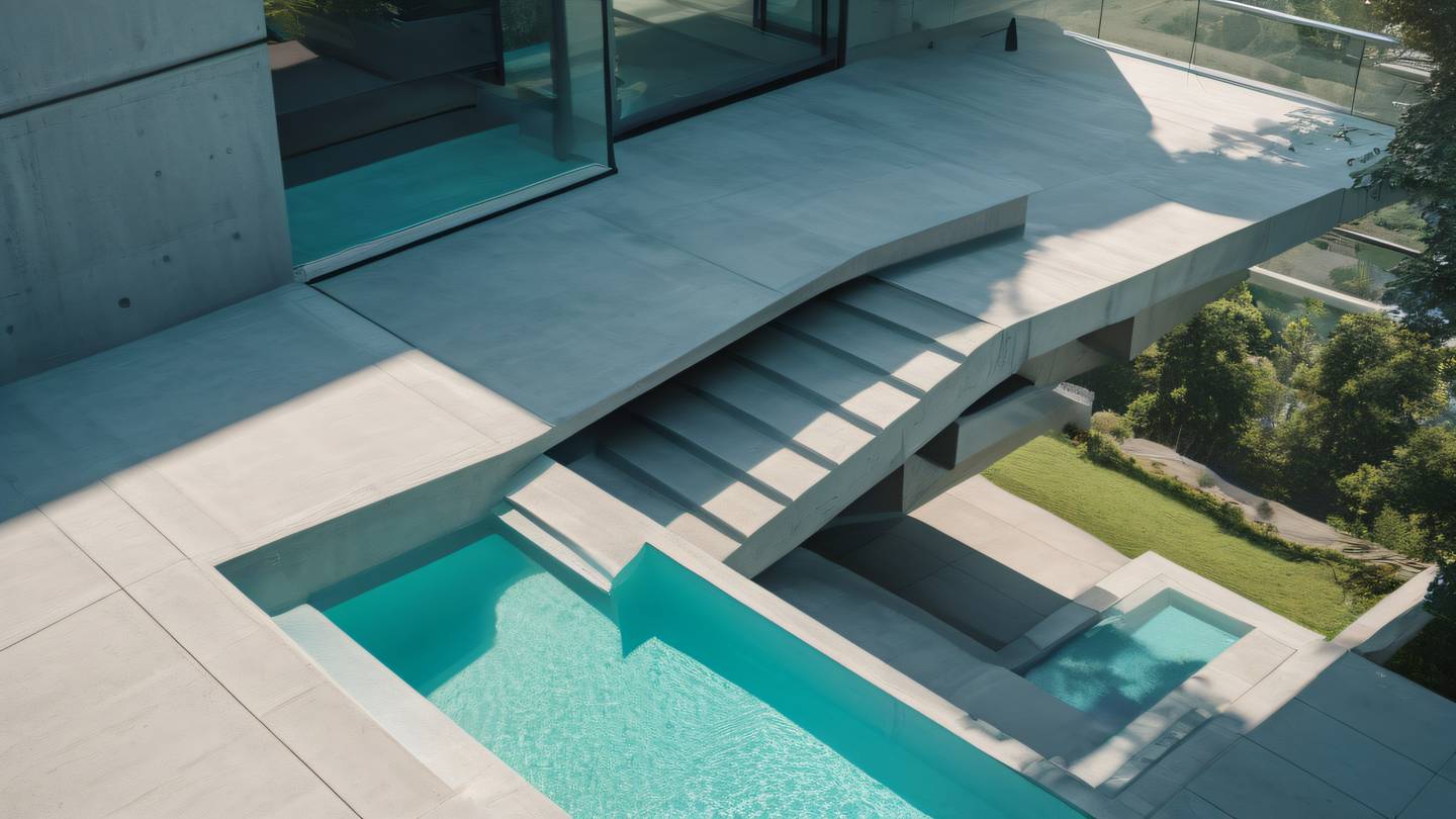 Contemporary concrete architecture with floating stairs and glass panels morning sunlight casting geometric shadows color palette of stone gray and bright turquoise accents shot from above looking down high-quality ultra-realistic cinematic 8K UHD high resolution sharp and detail