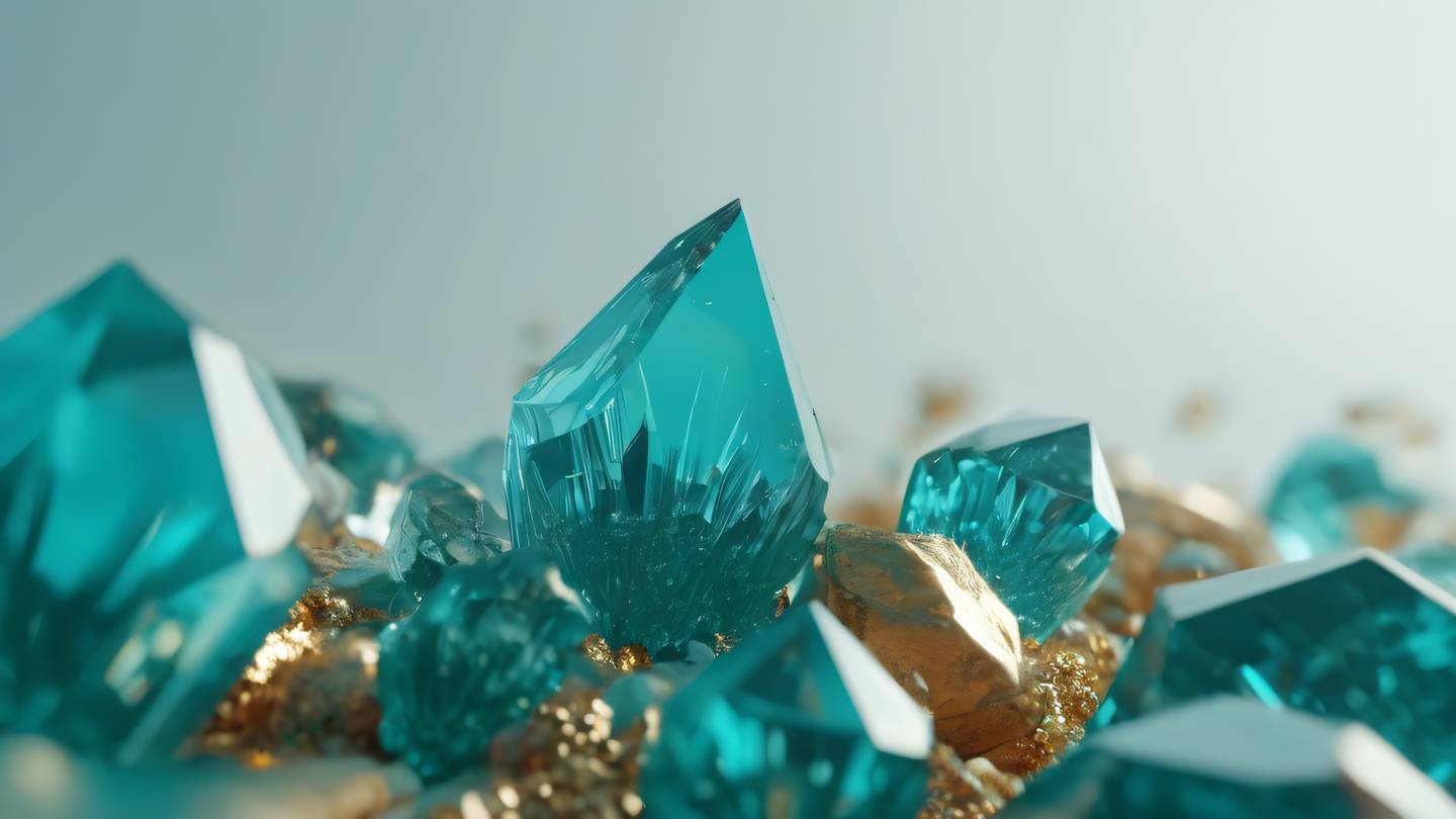 A minimalist abstract composition featuring geometric crystal formations emerging from a clean background rendered in bright teals and warm golds shot from a low angle perspective looking up at the formations high-quality ultra-realistic cinematic 8K UHD high resolution sharp and detail