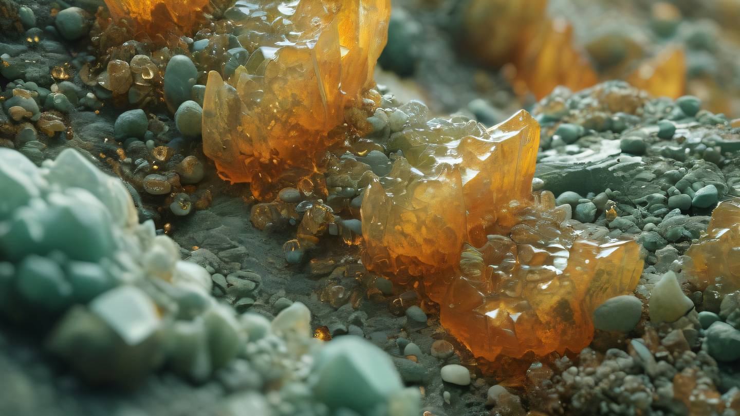 Delicate mineral formations with intricate patterns in bright amber and sage green colors viewed from a diagonal side angle high-quality ultra-realistic cinematic 8K UHD high resolution sharp and detail