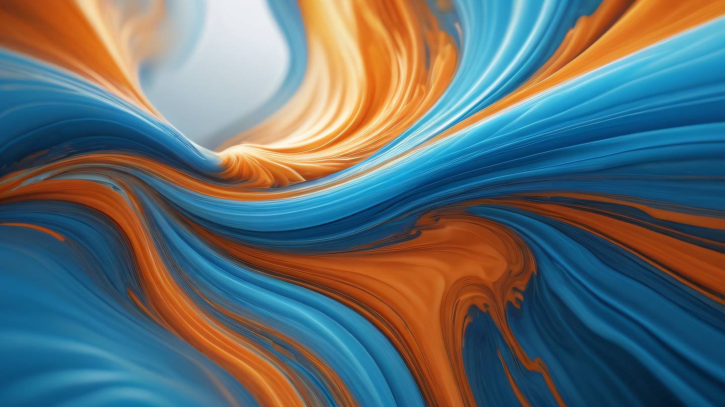 Dynamic fluid art composition showing bright blue and orange intertwined patterns representing flow and balance captured from side angle cloud and light rays effect high-quality ultra-realistic cinematic 8K UHD high resolution sharp and detail
