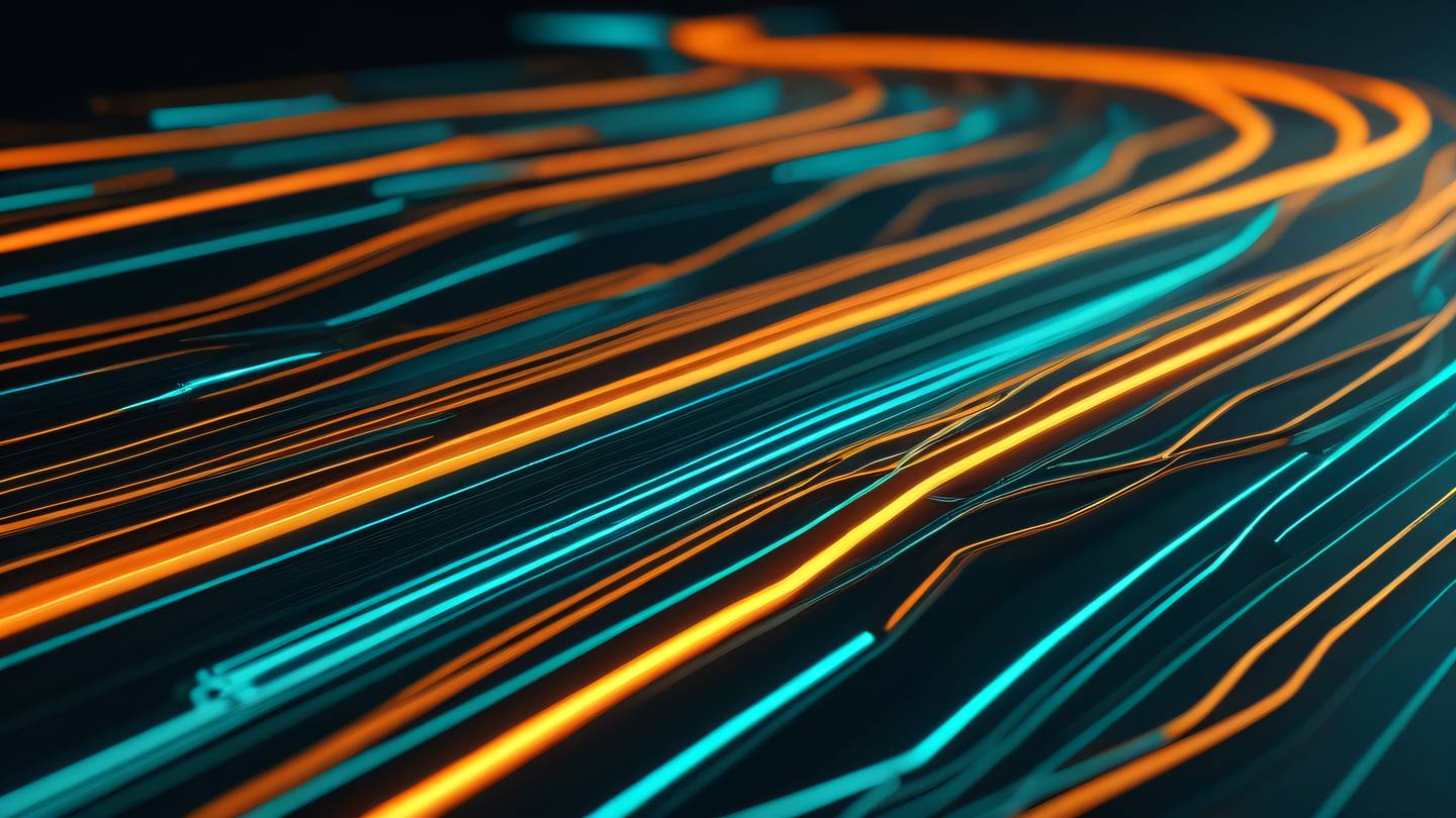 Dynamic flowing lines representing code execution paths rendered in bright orange and turquoise colors viewed from a side perspective with depth high-quality ultra-realistic cinematic 8K UHD high resolution sharp and detail