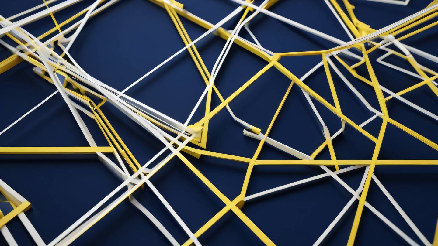 An abstract geometric pattern representing interconnected system components with flowing lines and shapes in sunshine yellow and crystal white against deep sapphire blue background shot from top-down perspective high-quality ultra-realistic cinematic 8K UHD high resolution sharp and detail