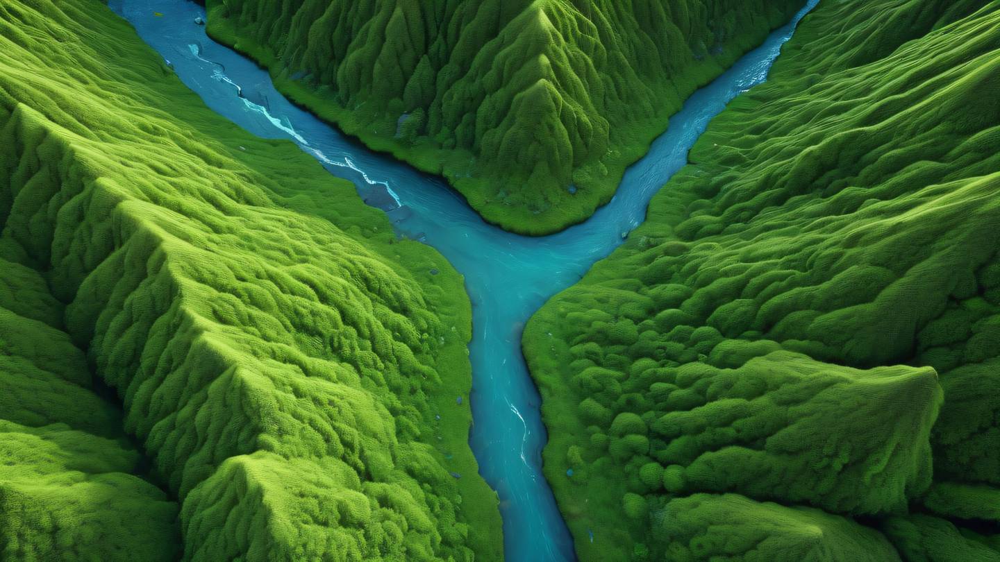Flowing river through green mountain valley with interconnected streams showcasing fluorescent green moss and turquoise blue water aerial perspective view high-quality ultra-realistic cinematic 8K UHD high resolution sharp and detail