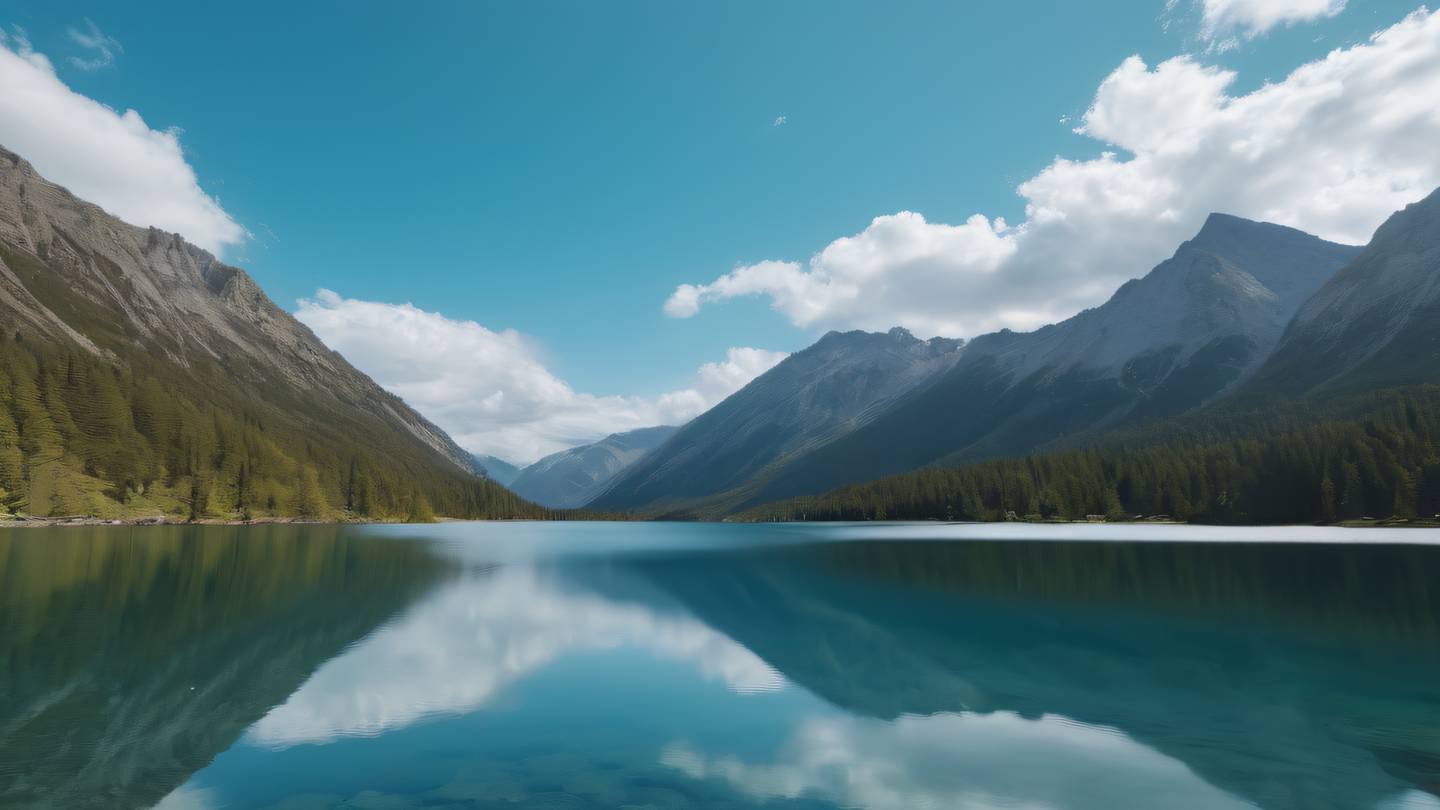 Peaceful mountain lake reflecting sky with minimal composition featuring turquoise blue water and white clouds shot from low angle perspective high-quality ultra-realistic cinematic 8K UHD high resolution sharp and detail
