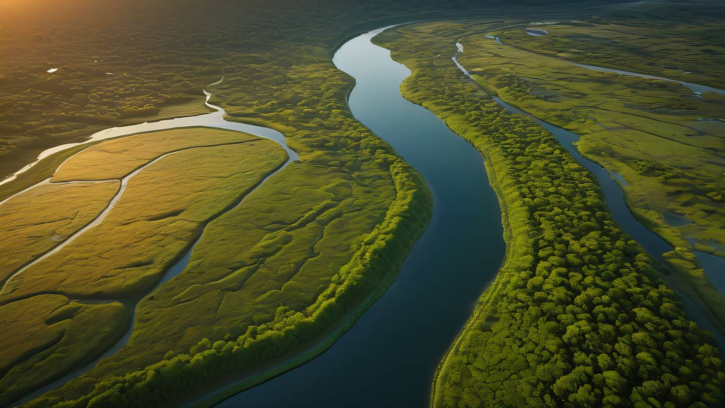 Aerial view of a winding river delta forming natural patterns through verdant landscape vibrant orange sunset reflecting off the water surfaces captured from a high altitude perspective high-quality ultra-realistic cinematic 8K UHD high resolution sharp and detail