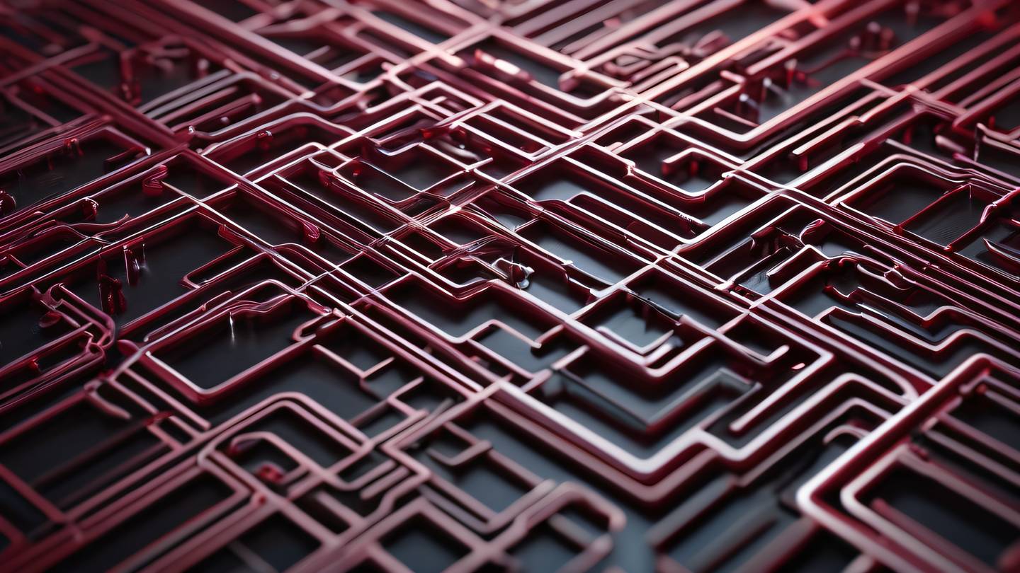 Abstract geometric patterns resembling circuit pathways featuring zinc and ruby red colors interweaving in complex formations viewed from a straight-on front perspective high-quality ultra-realistic cinematic 8K UHD high resolution sharp and detail