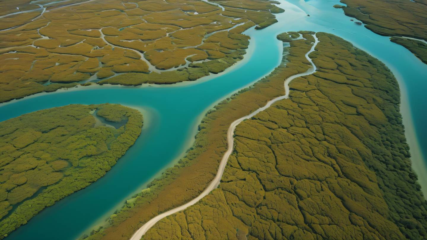 Aerial view of intricate river delta systems branching out in multiple directions against rich earth tones featuring gem-like turquoise and emerald waters flowing through golden landscapes shot from directly above high-quality ultra-realistic cinematic 8K UHD high resolution sharp and detail