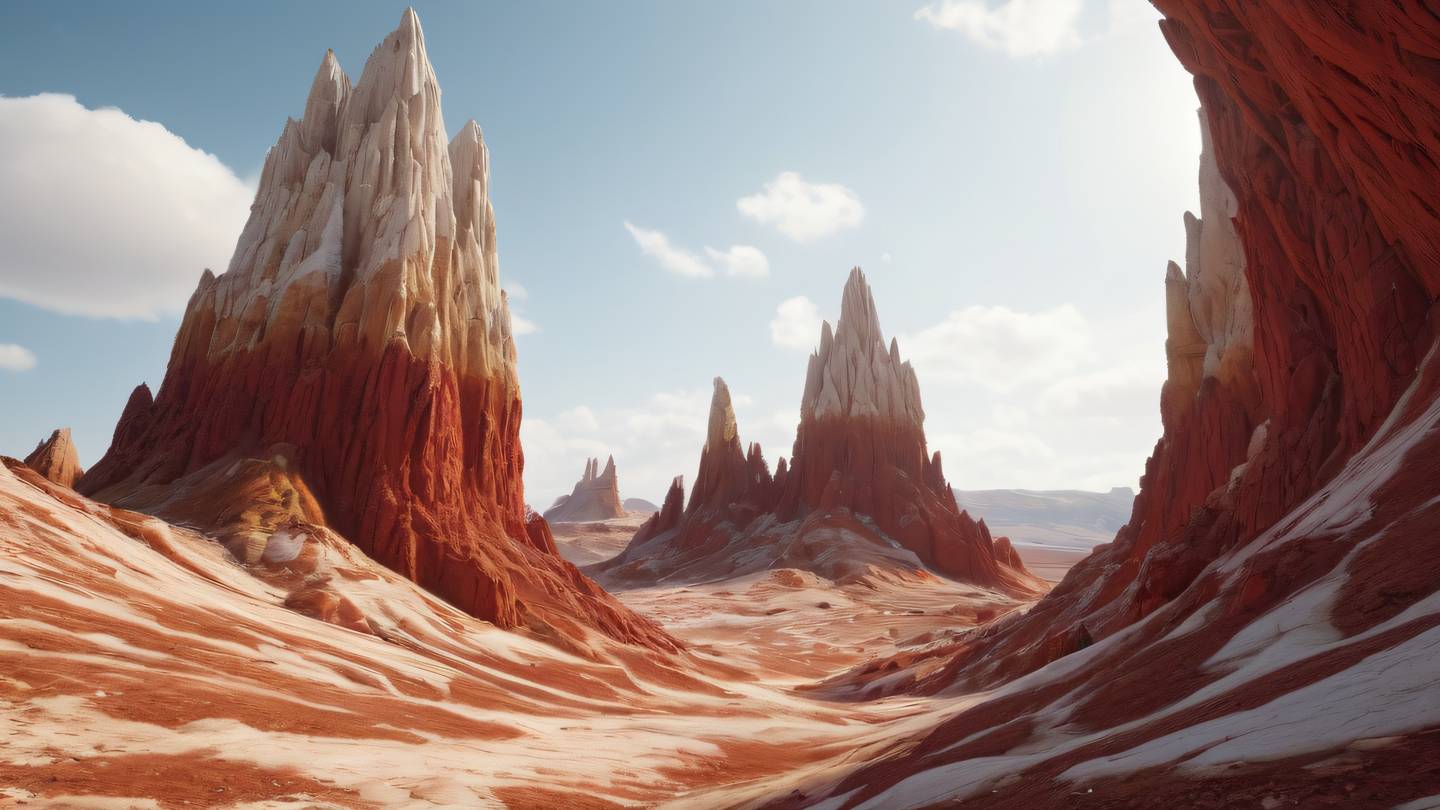 Landscape vista of geometric crystalline formations rising from the ground featuring perfect red and ochre colors blending with off-white highlights captured from a low angle perspective looking up high-quality ultra-realistic cinematic 8K UHD high resolution sharp and detail