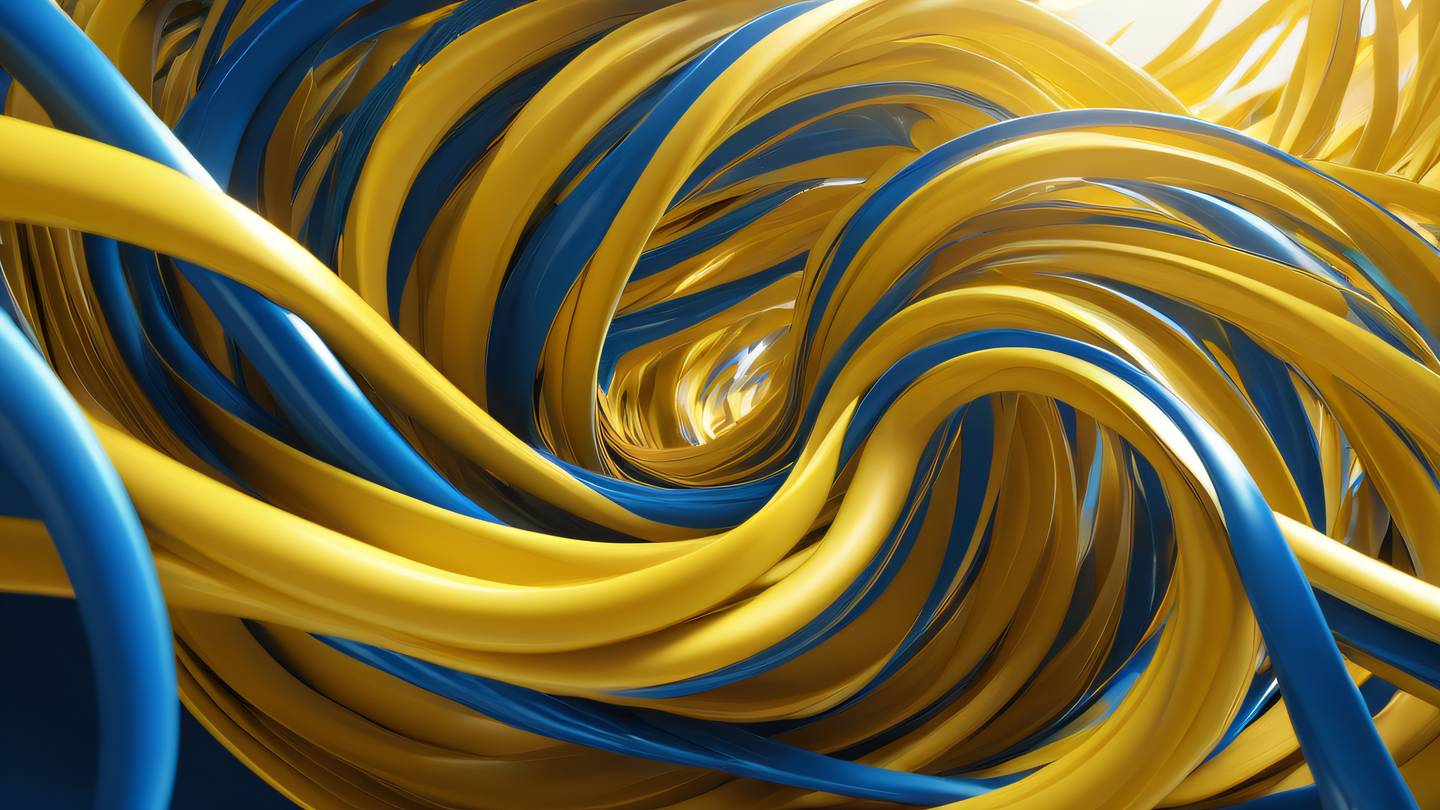 Smooth flowing abstract ribbons intertwining in spiral formation rendered in sunshine yellow and sapphire blue representing seamless data flow and optimization ultra-realistic cinematic lighting 8K UHD captured from a 45-degree angle with dramatic perspective
