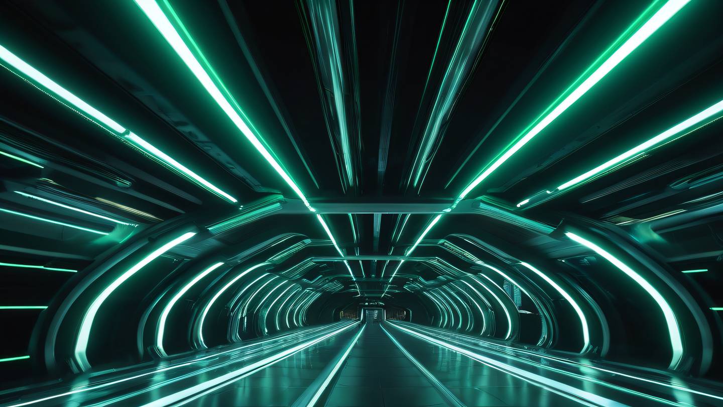 A futuristic transportation hub with sleek metallic pathways interweaving in multiple directions floating in a void space. Featuring bright neon green light trails flowing through transparent tubes against a black background. Ultra wide-angle shot from below looking up high-quality ultra-realistic cinematic 8K UHD high resolution sharp and detail