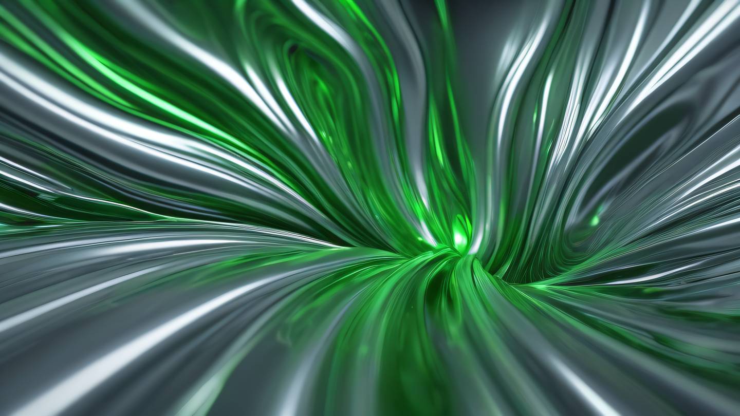 Abstract flowing liquid metal texture with swirling patterns of metallic silver and neon green capturing light reflections and smooth gradients ultra-realistic cinematic 8K UHD high resolution sharp and detailed macro shot from top-down perspective
