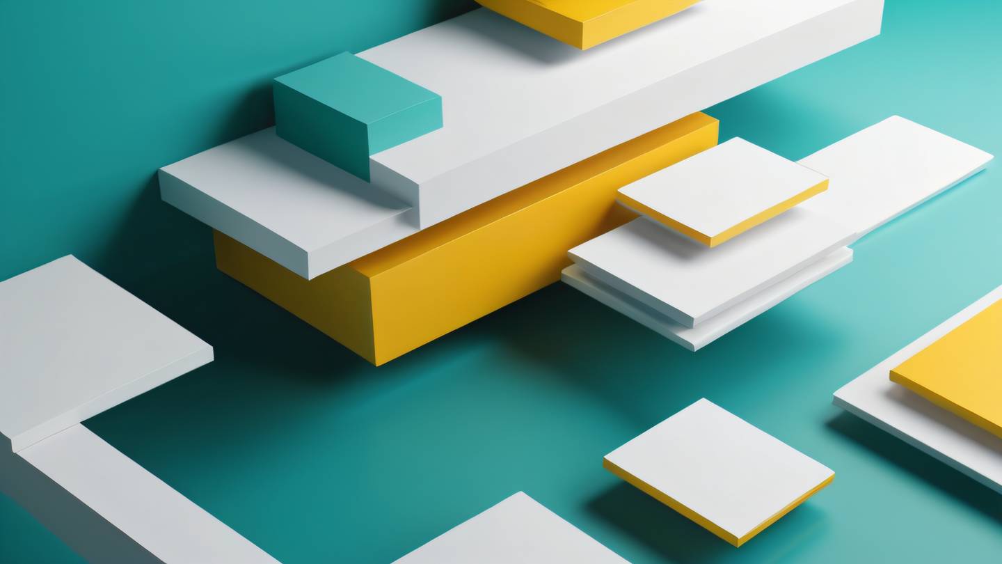 Geometric abstract composition of floating rectangular shapes and material design layers captured from a 45-degree angle view featuring vibrant teal golden yellow and crisp white colors with subtle shadows high-quality ultra-realistic cinematic 8K UHD high resolution sharp and detail