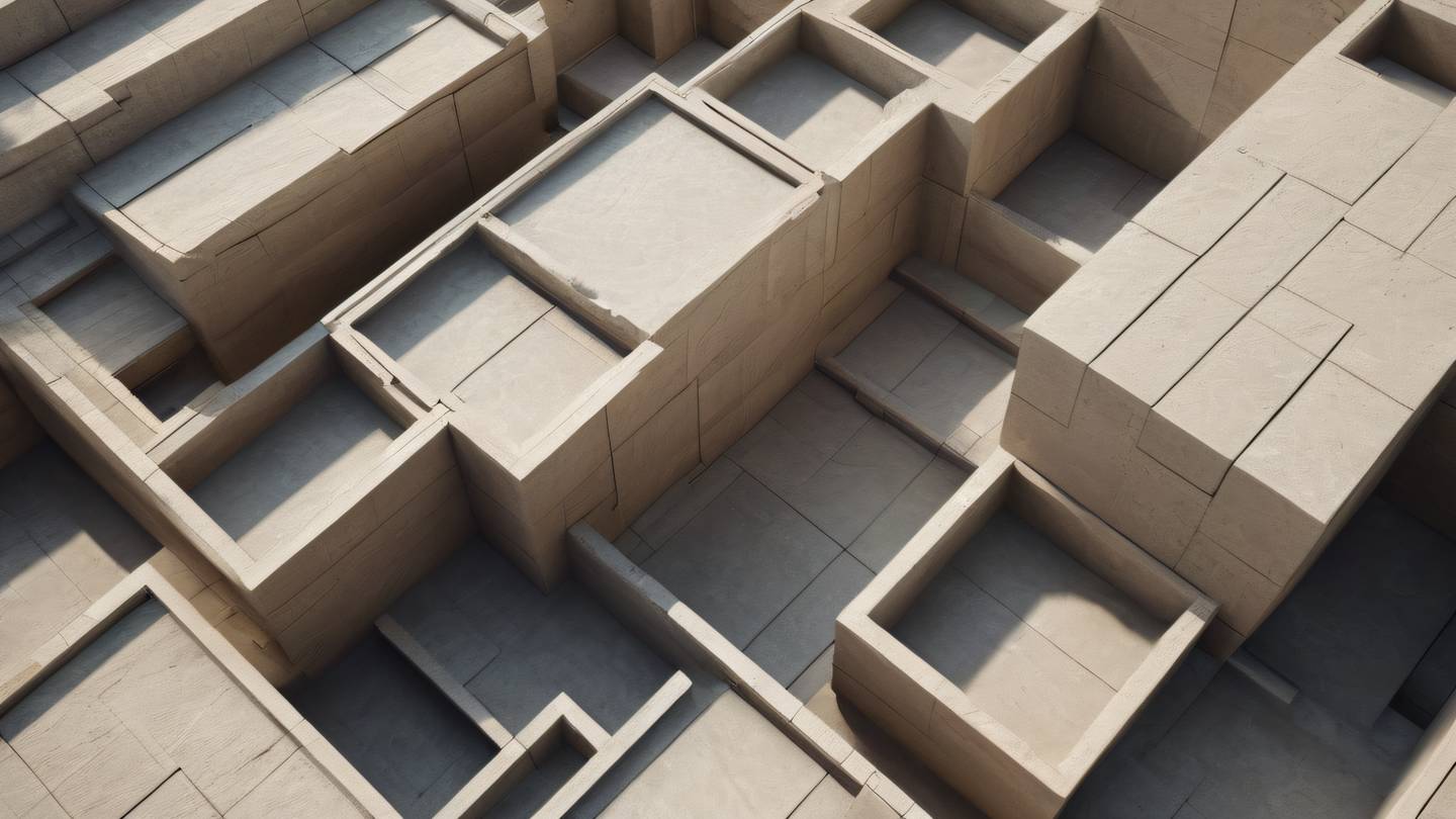 Abstract architectural composition showing layered geometric shapes floating in space shot from bird's eye view featuring stone textures in warm beige and natural gray tones with subtle shadows high-quality ultra-realistic cinematic 8K UHD high resolution sharp and detail