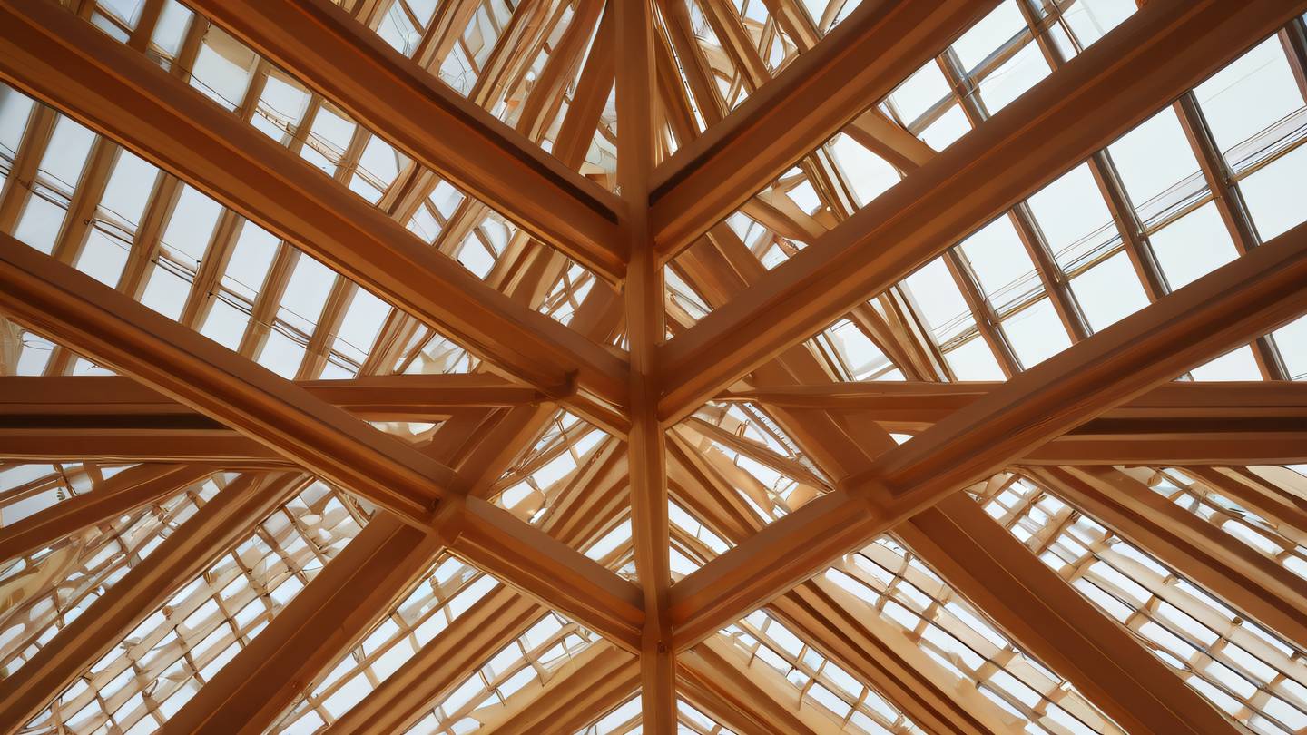 Elegant architectural framework with intersecting beams and supports featuring clean lines and modern structural elements in warm orange and gold tones shot from a low angle perspective looking upward high-quality ultra-realistic cinematic 8K UHD high resolution sharp and detail