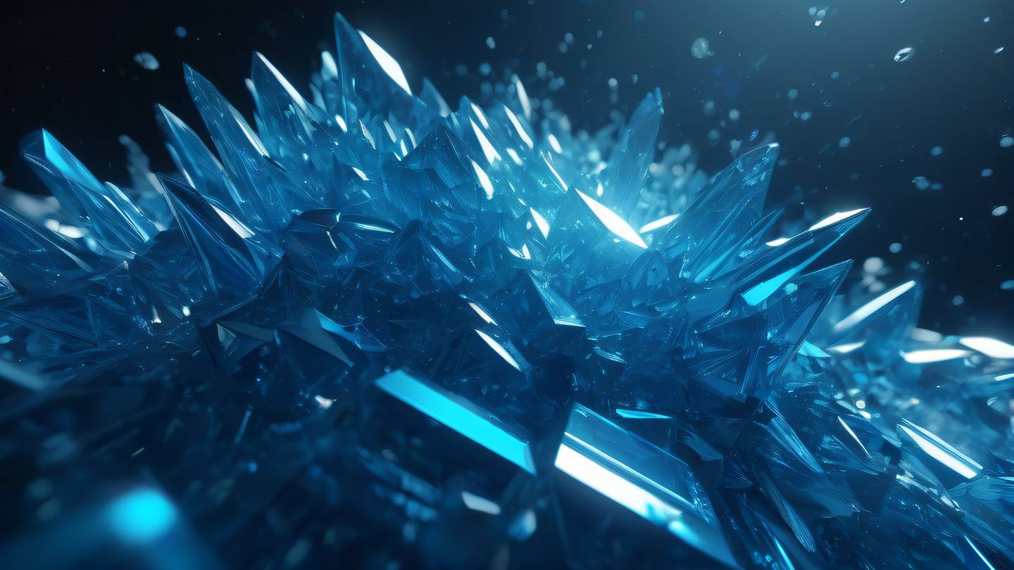 Crystalline structure with interconnected geometric shapes floating in space dominant colors: cobalt blue and light azure creating depth and dimension shot from a diagonal upward angle high-quality ultra-realistic cinematic 8K UHD high resolution sharp and detail