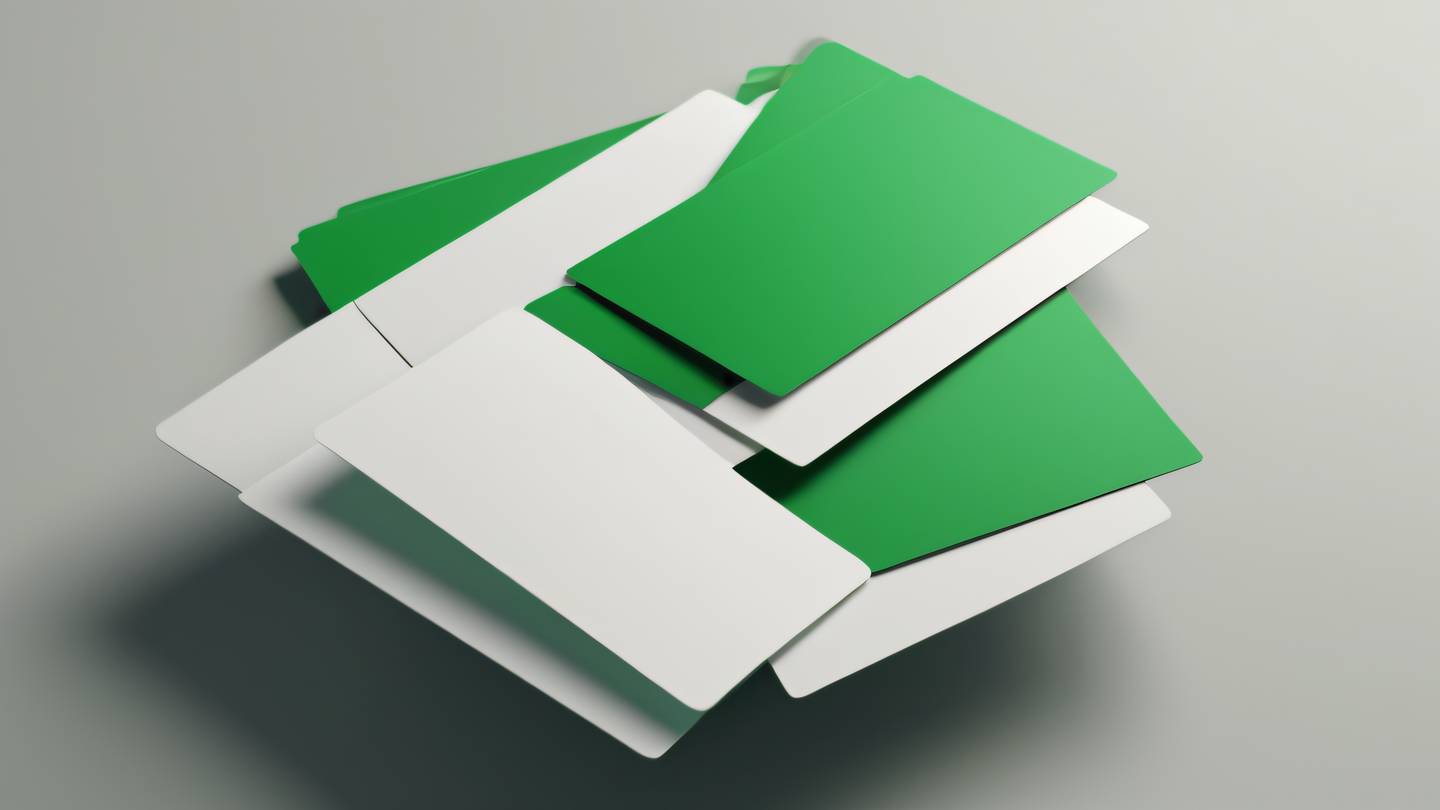 A floating geometric abstract composition with multiple layered rectangles and cards in bright green and black casting soft shadows against a neutral background shot from a 45-degree angle high-quality ultra-realistic cinematic 8K UHD high resolution sharp and detail