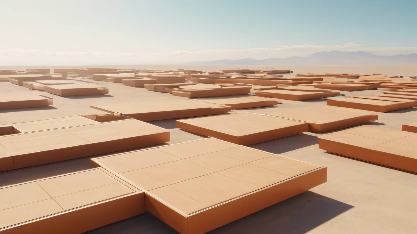 An abstract architectural scene with floating rectangular platforms in orange and sandy tones against a bright sky captured from a bird's eye view high-quality ultra-realistic cinematic 8K UHD high resolution sharp and detail