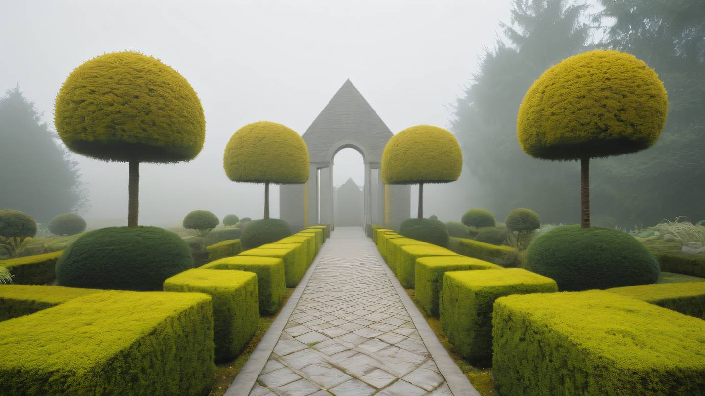 A minimalist garden scene with geometric topiaries and pathways in October mist and yellow colors viewed from a low angle perspective high-quality ultra-realistic cinematic 8K UHD high resolution sharp and detail
