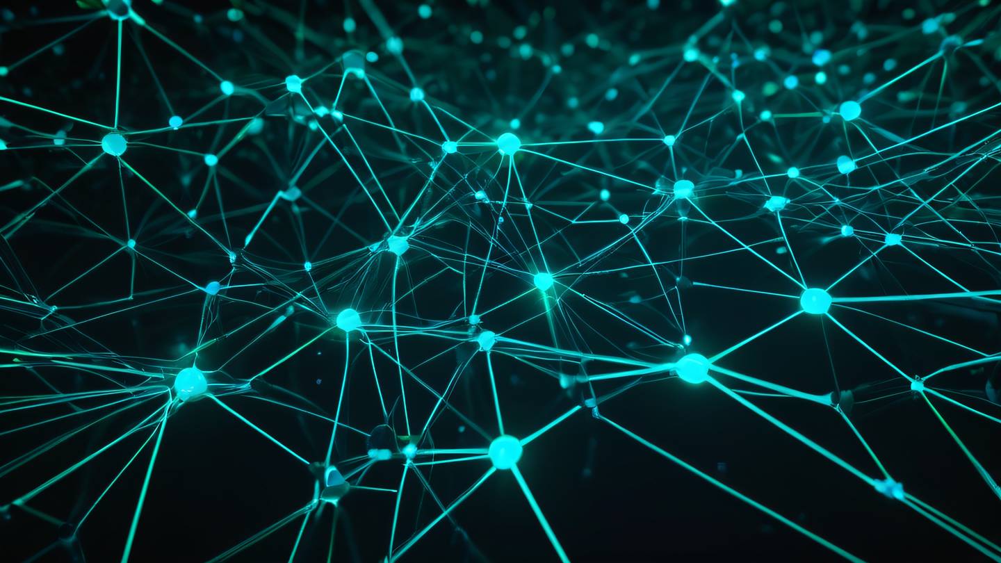 A futuristic abstract networking concept with interconnected nodes and flowing data streams featuring bright neon blue and electric green colors against a dark background shot from a top-down perspective high-quality ultra-realistic cinematic 8K UHD high resolution sharp and detail