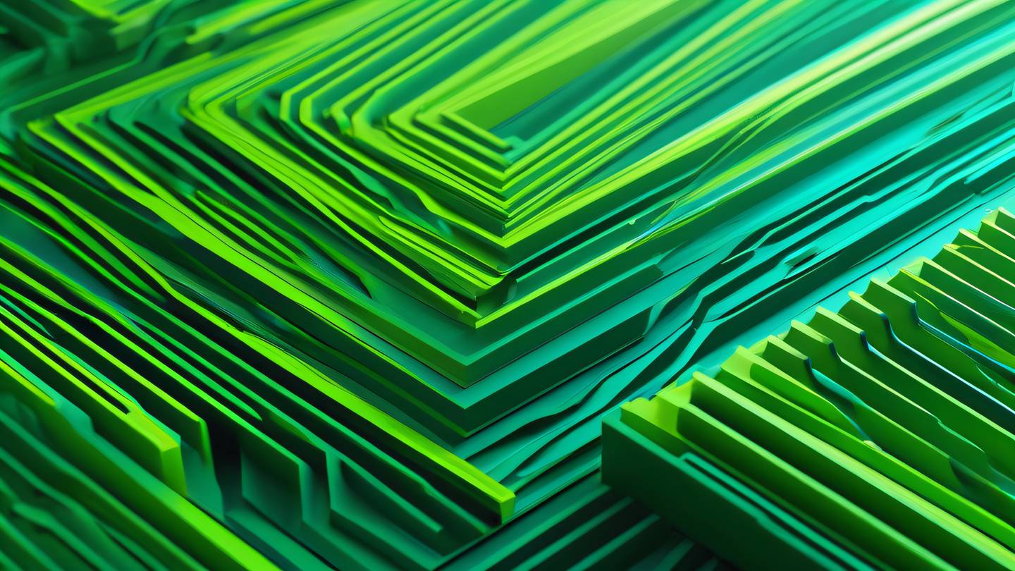 Abstract visualization of data flow patterns with geometric shapes and flowing lines in bright lime green and cyan colors featuring a diagonal perspective view high-quality ultra-realistic cinematic 8K UHD high resolution sharp and detail