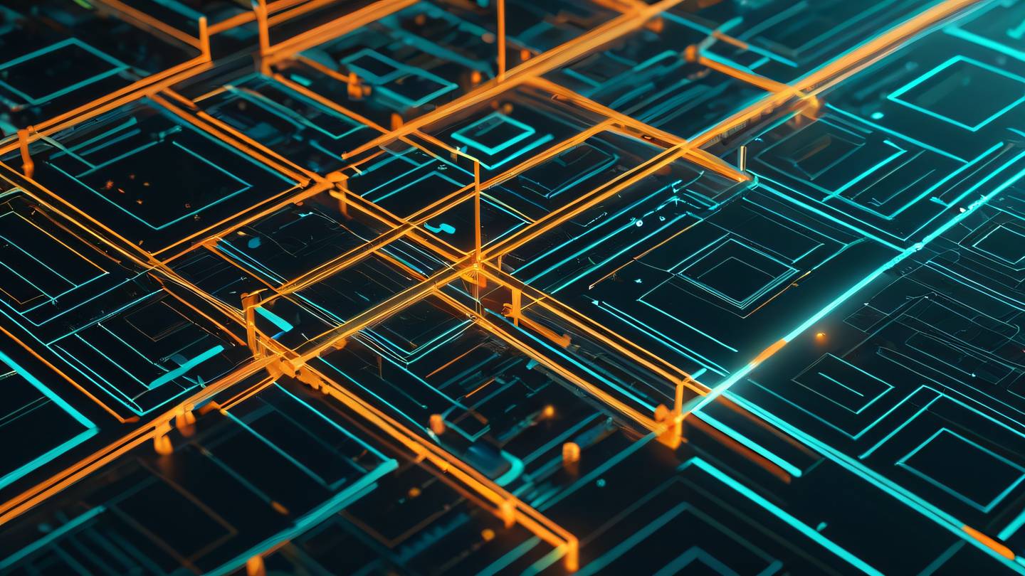 Elegant abstract representation of software architecture with floating geometric shapes and interconnected lines in bright neon orange and turquoise colors shown from a bird's eye view perspective high-quality ultra-realistic cinematic 8K UHD high resolution sharp and detail