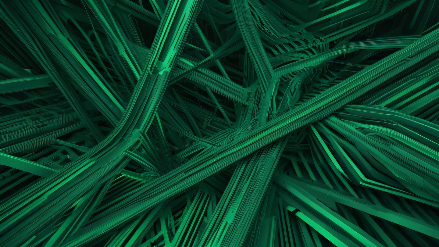 A abstract minimalist composition of interwoven geometric shapes and flowing lines dominated by vibrant emerald green and forest green tones suggesting connectivity and integration captured from a top-down perspective high-quality ultra-realistic cinematic 8K UHD high resolution sharp and detail