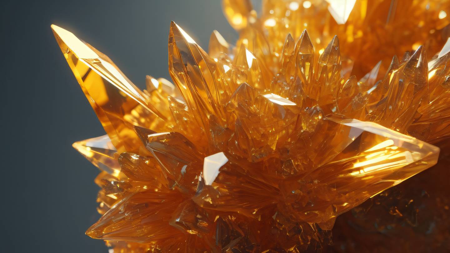 A geometric abstract representation of interlocking crystal formations with floating shards featuring bright gold and orange gradient colors sharp edges catching light viewed from a low angle perspective high-quality ultra-realistic cinematic 8K UHD high resolution sharp and detail