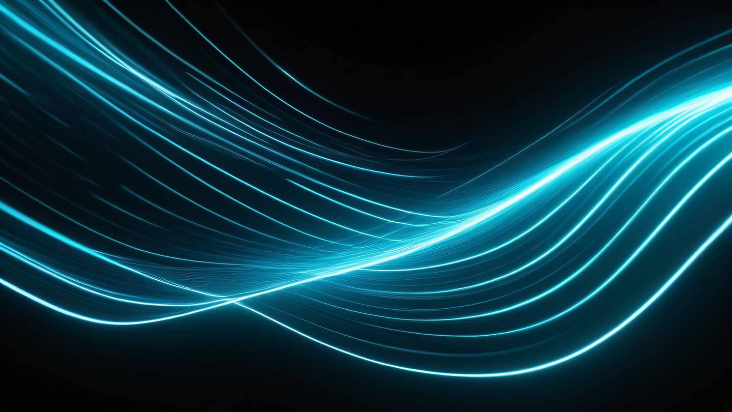 Abstract waves of light on black background featuring bright cyan and white streaks of light creating dynamic patterns shot from straight-on perspective with light trails leading into infinity high-quality ultra-realistic cinematic 8K UHD high resolution sharp and detail