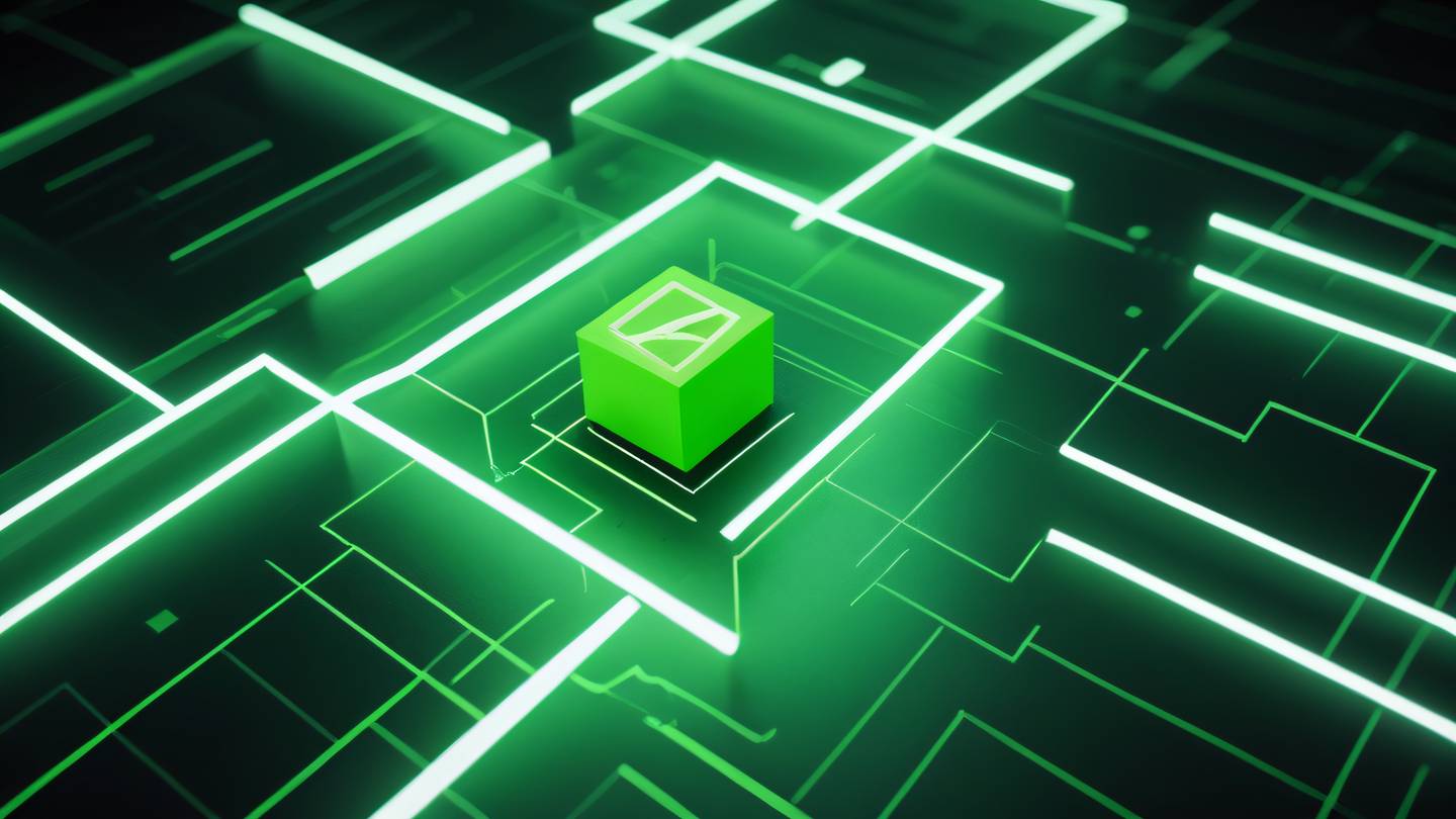 A modern abstract representation of testing and quality assurance featuring interconnected geometric shapes floating in space. Dominant colors: bright neon green and off-white. Sharp diagonal lines and cubic forms suggesting structure and precision. Camera angle: top-down view with slight perspective. Style: high-quality ultra-realistic cinematic 8K UHD high resolution sharp and detail