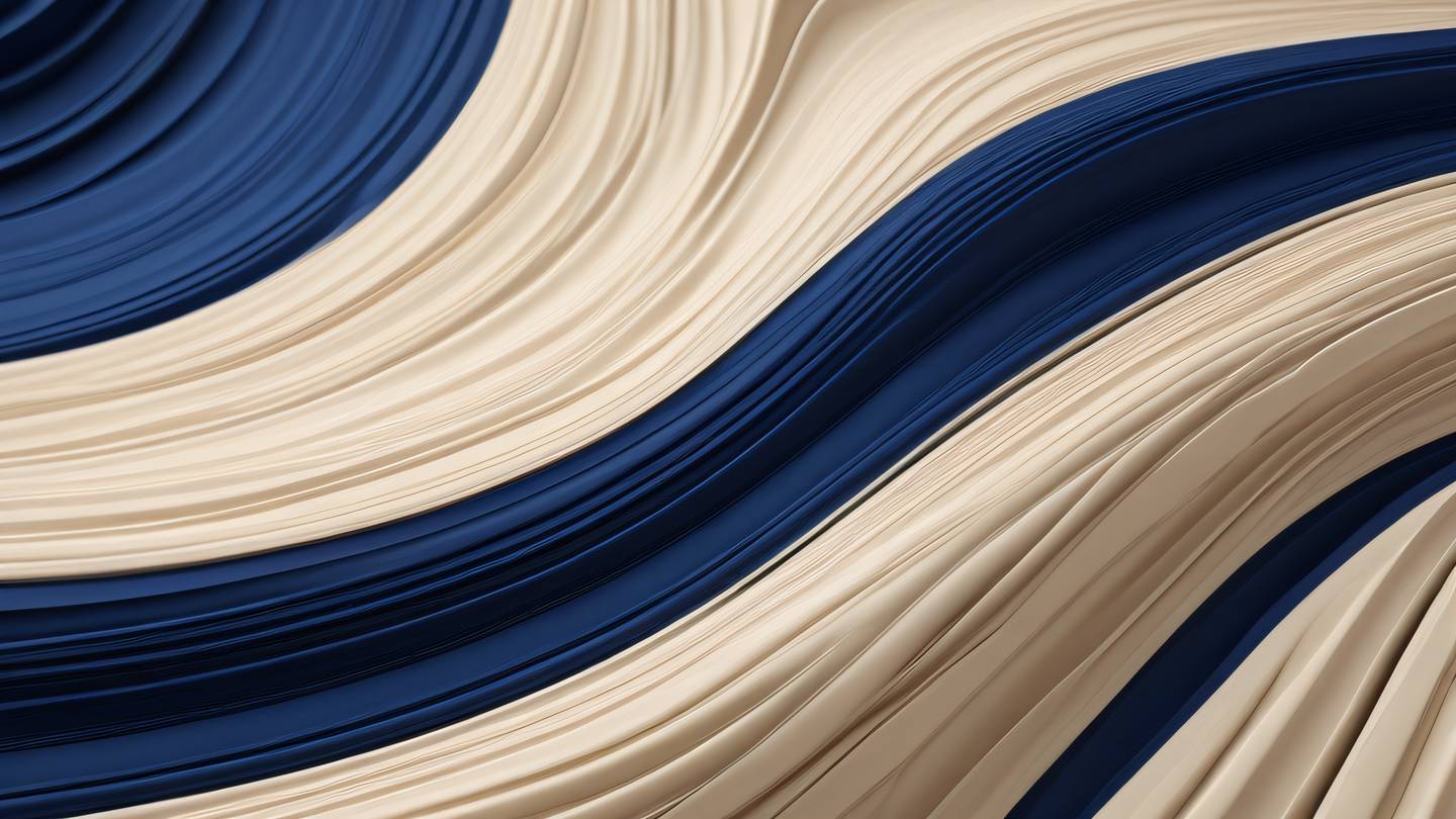 Abstract flowing lines suggesting data streams and connectivity. Multiple interweaving curved lines with brush stroke texture. Dominant colors: bright navy blue and natural beige tones. Camera angle: straight on macro shot. Style: high-quality ultra-realistic cinematic 8K UHD high resolution sharp and detail